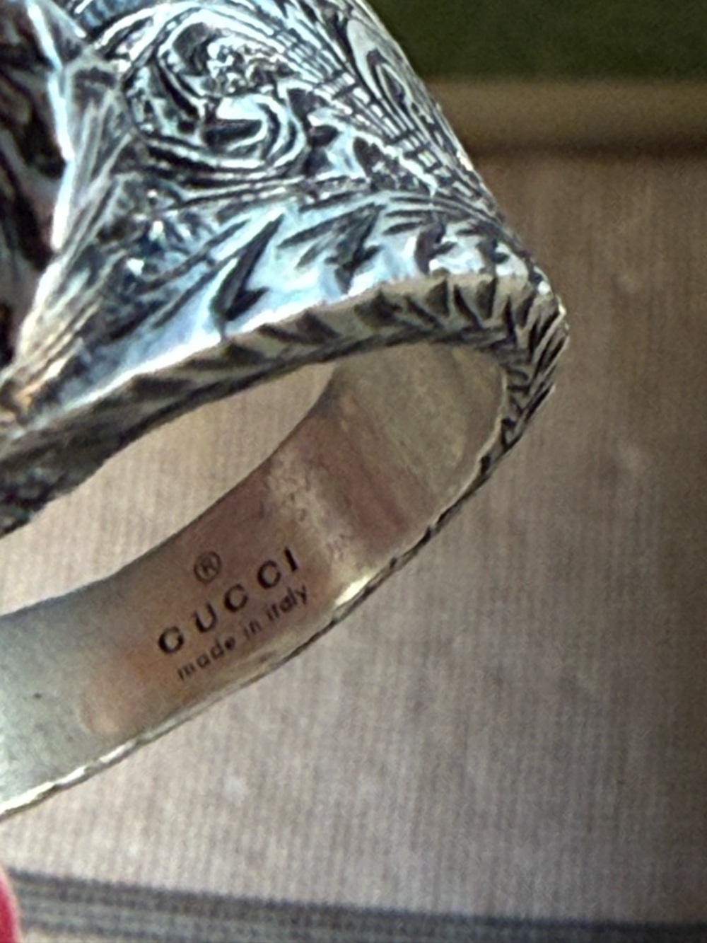 NWB GUCCI INTERLOCKING RING Ag 925 STERLING SILVER ENGRAVED PATTERN GUCCI SZ/21 - Picture 11 of 13